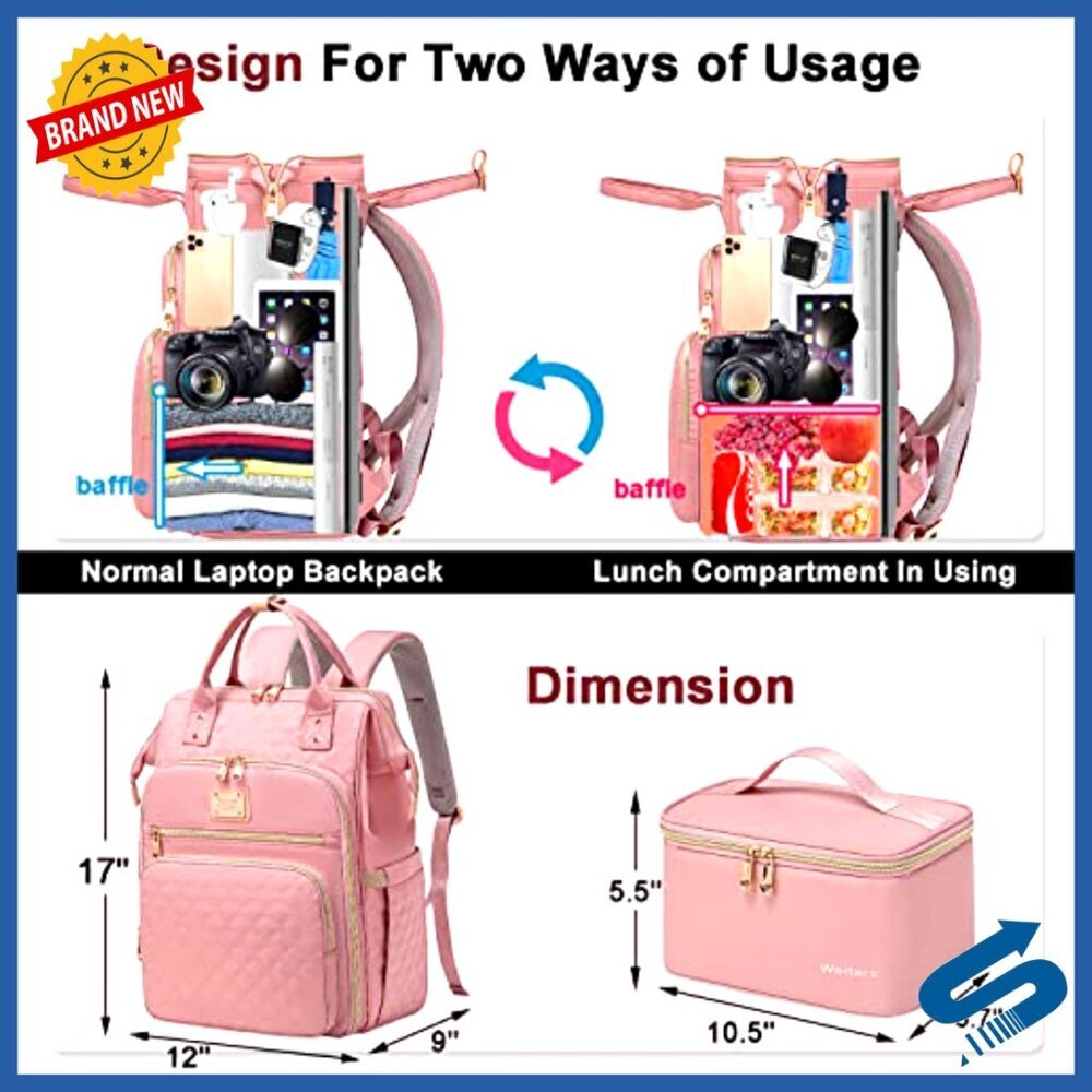 Lunch Laptop Backpack Women's Work Travel Carry-On Multi-Pocket Compartment - Picture 4 of 6